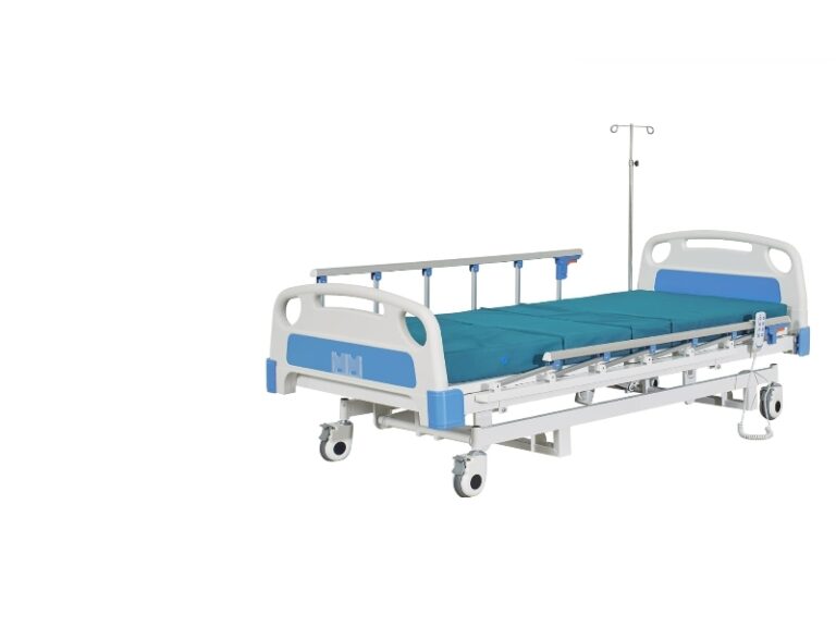 A full view of the Repumed 3-function electric hospital bed with teal mattress, collapsible side rails, IV pole, and handheld controller on a white background.