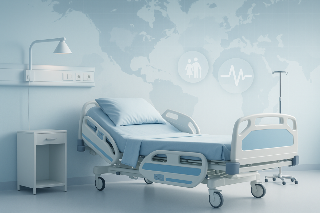 Cover image of the "Southeast Asia & Middle East Nursing Bed Market Analysis" report, featuring a modern electric hospital bed in a clean medical room. A soft world map background highlights the Southeast Asia and Middle East regions, accompanied by icons representing hospitals, elder care, and health data.