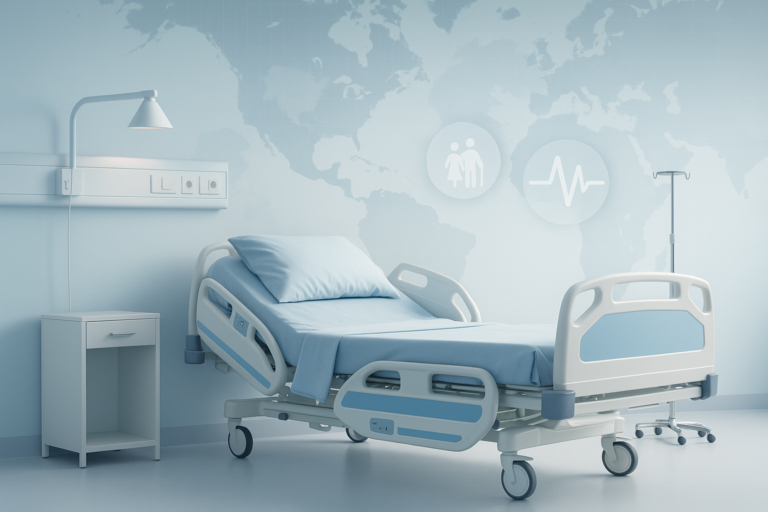 Cover image of the "Southeast Asia & Middle East Nursing Bed Market Analysis" report, featuring a modern electric hospital bed in a clean medical room. A soft world map background highlights the Southeast Asia and Middle East regions, accompanied by icons representing hospitals, elder care, and health data.