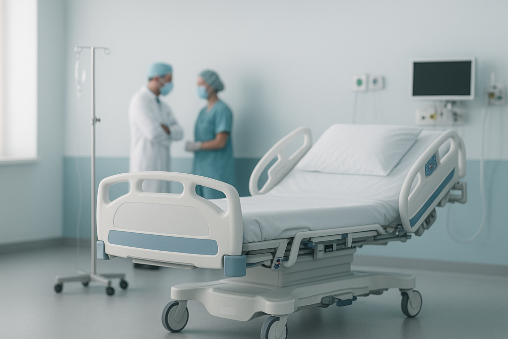 A modern ICU hospital room featuring an advanced electric bed with light blue accents, an IV pole, a digital monitor, and two healthcare workers in conversation, all under soft natural lighting.