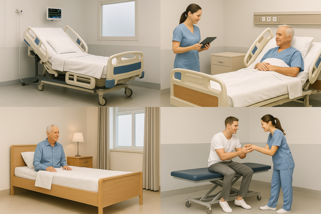 A realistic 4-panel photo collage showing four types of nursing bed environments: a high-tech ICU room, a hospital ward with a nurse and patient, a geriatric bedroom with warm lighting, and a rehabilitation room where a young patient trains with a therapist.